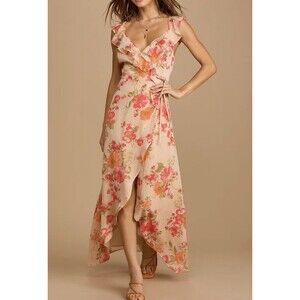 Lulus Women’s Wrap Long Dress Size  M Floral ruffled adjustable straps V Neck
